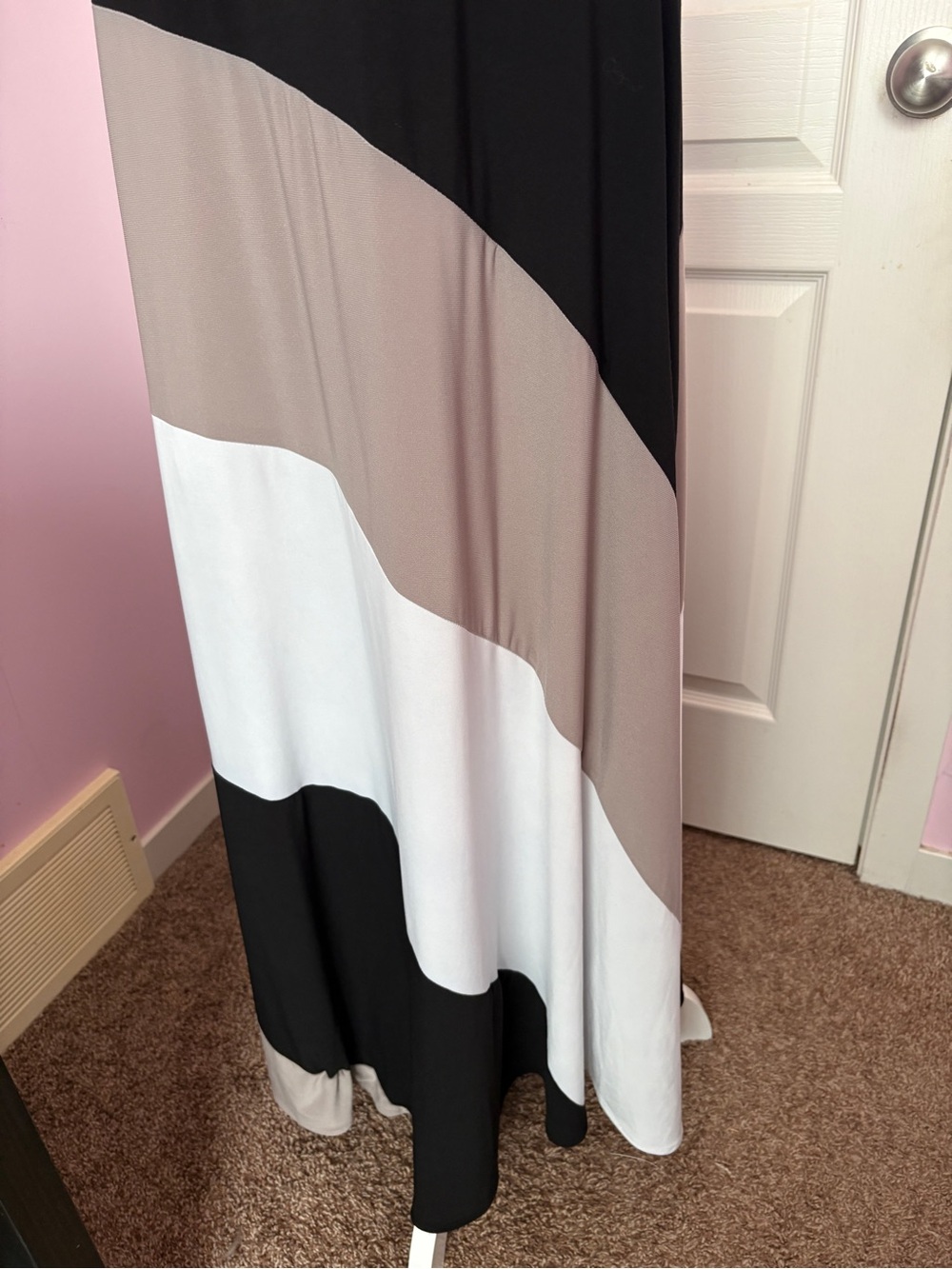 Colorblock Off-Shoulder Maxi Dress in Black, Taupe & White - Picture 4 of 5